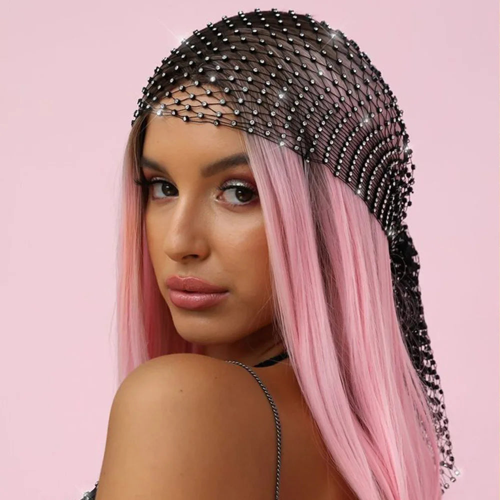 Rhinestone Head Scarf Hollow Mesh Crystal Head Cap - Genesis Global Boutique