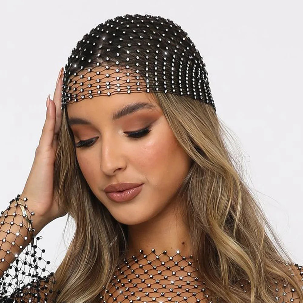 Rhinestone Head Scarf Hollow Mesh Crystal Head Cap - Genesis Global Boutique