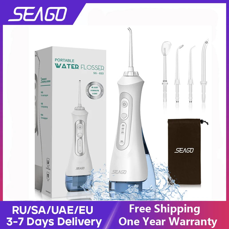 SEAGO New Oral Dental Irrigator Portable Water Flosser USB Rechargeable 3 Modes IPX7 200ML Water for Cleaning Teeth SG833 - Genesis Global Boutique