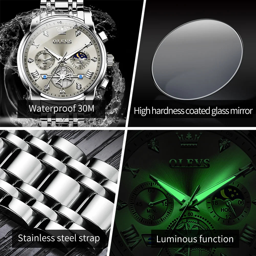 OLEVS Stainless Steel Men's Watches Waterproof Luminous Quartz - Genesis Global Boutique