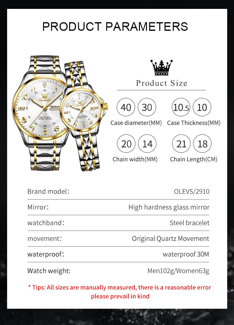 OLEVS Couple Watch for Men and Women Stainless Steel Digital Wristwatch - Genesis Global Boutique