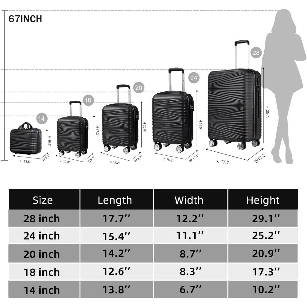 Luggage 5 Piece Sets, Hard Shell Luggage Set Expandable(14/18/20/24/28, Black) - Genesis Global Boutique