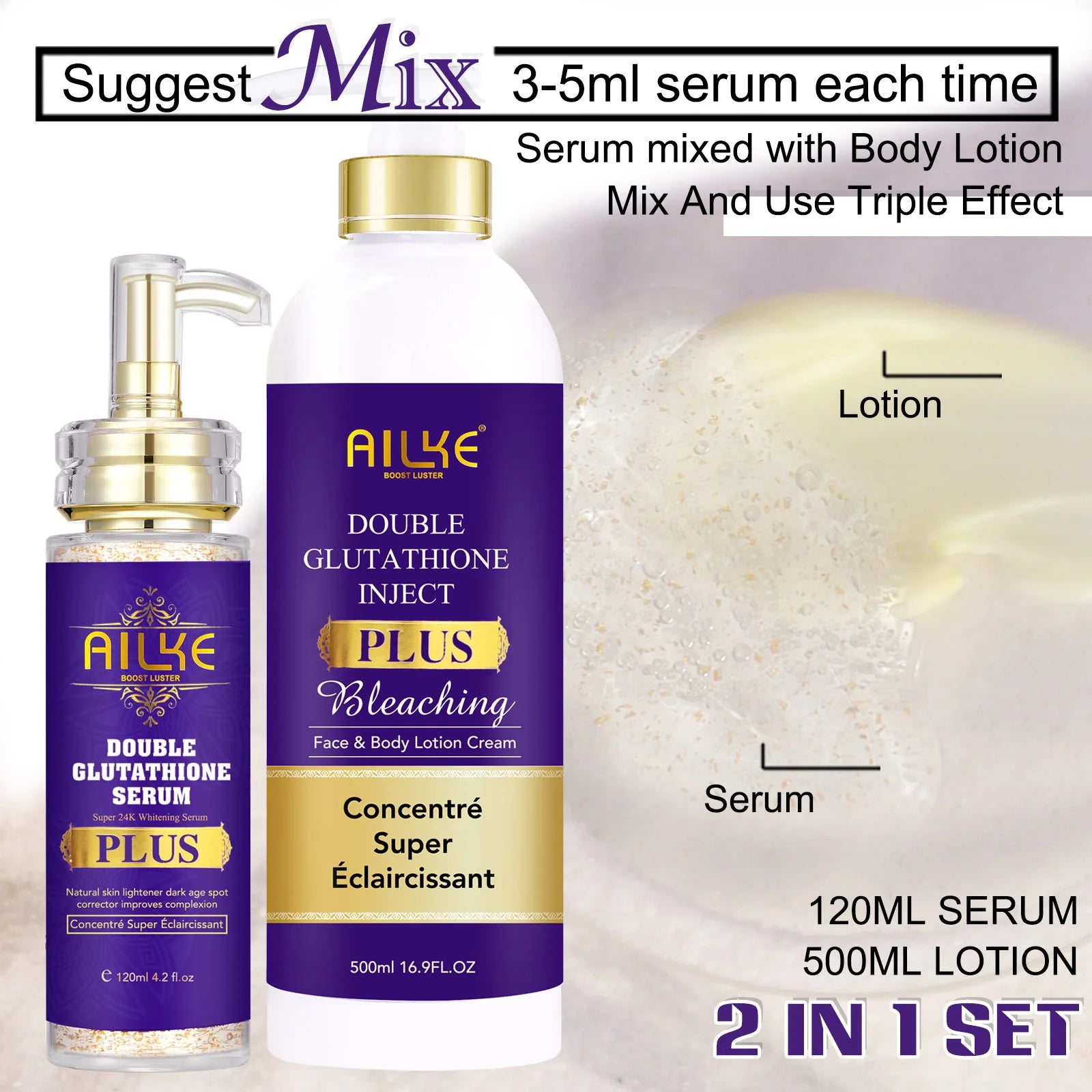 AILKE Double Glutathione Serum and Body Lotion, Whitening, Dark Spot Remover - Genesis Global Boutique