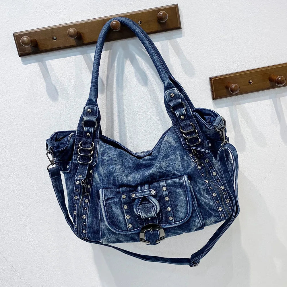 Retro Washed Denim Shoulder Bag with Rivet Ring - Genesis Global Boutique