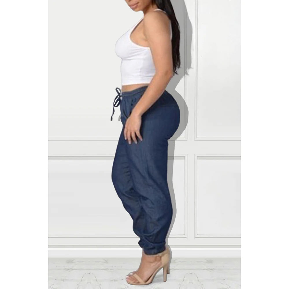 Plus Size Daily Jean Deep Blue Elastic Waist Lace-Up Denim Jean - Genesis Global Boutique