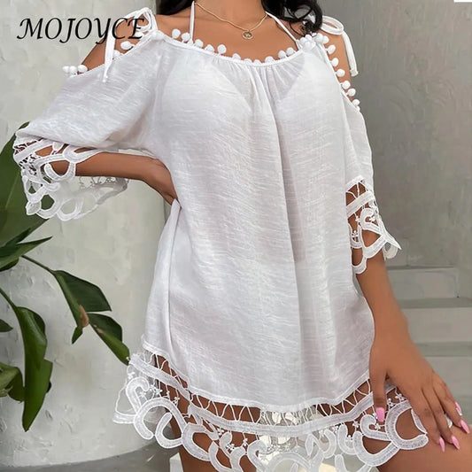 Sexy Crochet Swimsuit Cover Ups Shirt Loose Women Bikini Cover-Ups Dress Solid Color Fashion Blouses Bathing Swimwear - Genesis Global Boutique