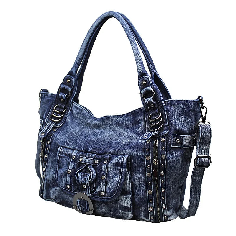 Retro Washed Denim Shoulder Bag with Rivet Ring - Genesis Global Boutique