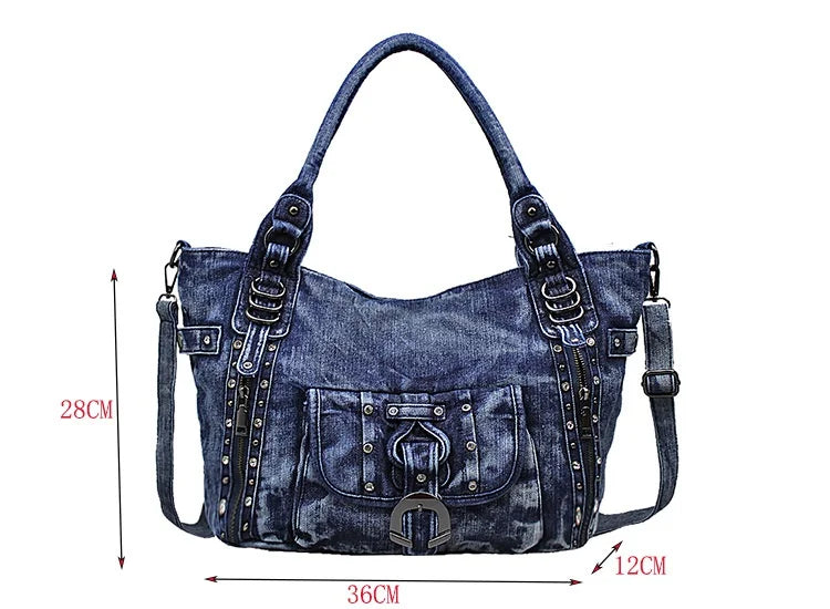 Retro Washed Denim Shoulder Bag with Rivet Ring - Genesis Global Boutique