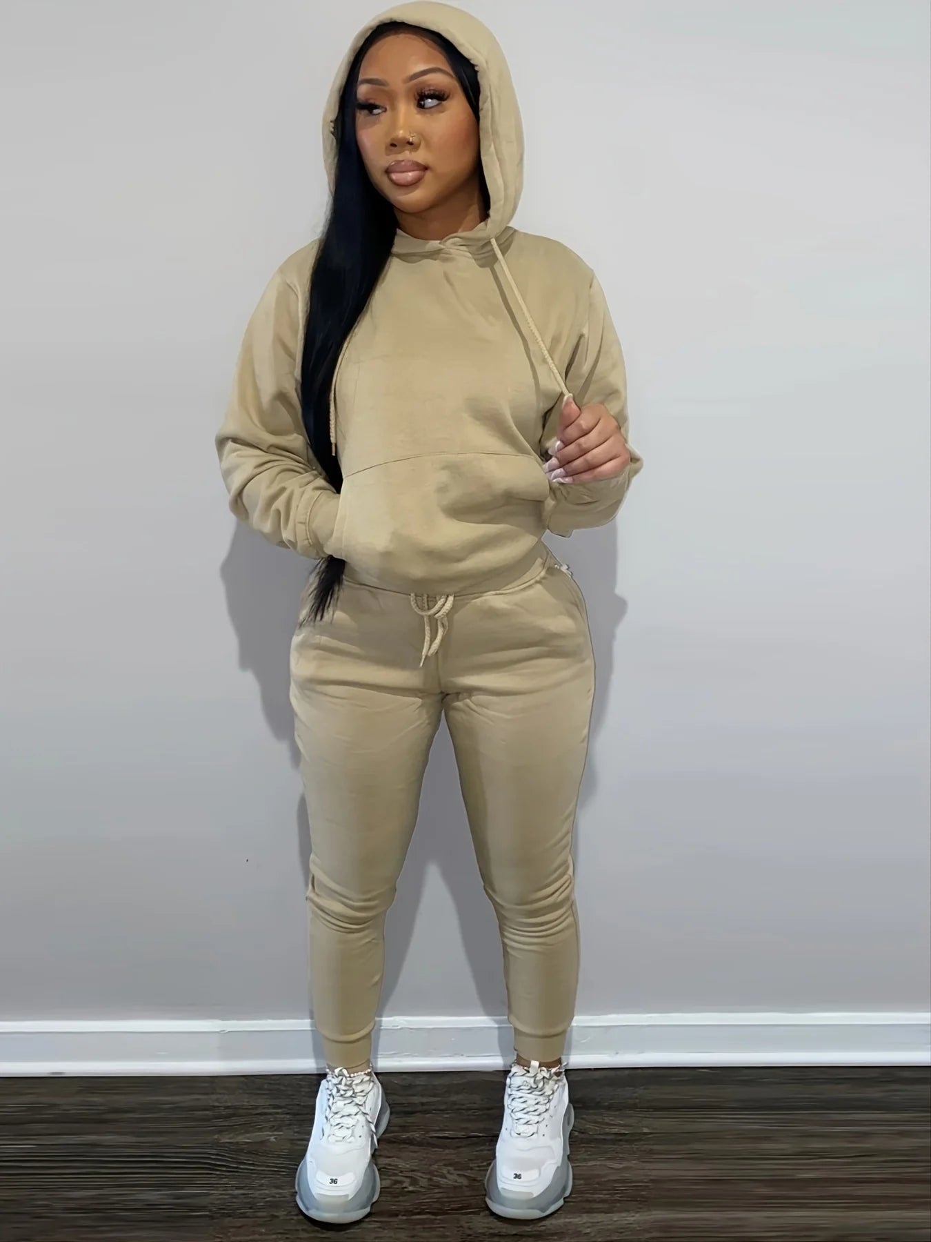 Drawstring Pantsuits Two-piece Set, Pocket Hoodies Tops & Loose Long Sweatpants - Genesis Global Boutique