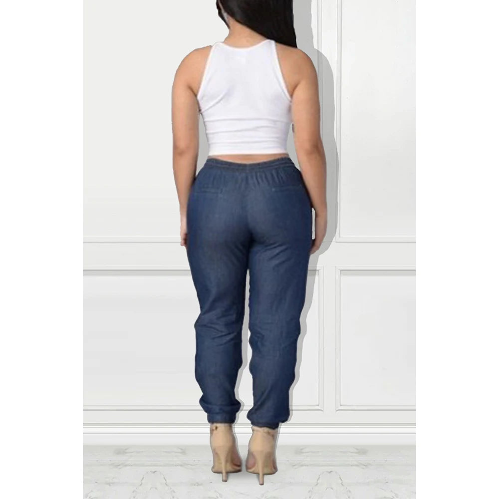 Plus Size Daily Jean Deep Blue Elastic Waist Lace-Up Denim Jean - Genesis Global Boutique